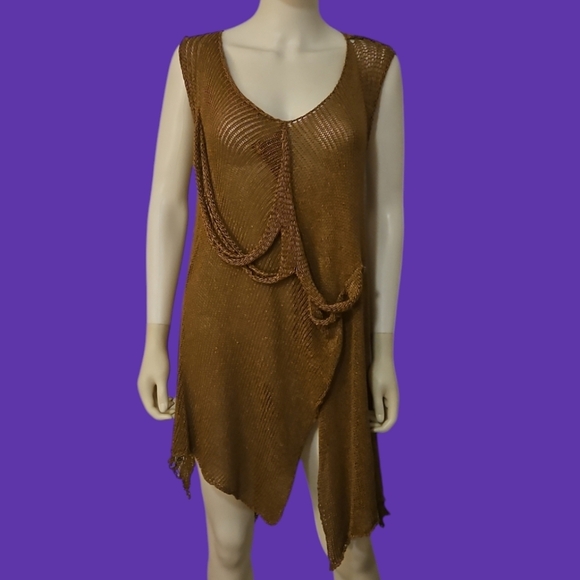 VTG B&K Brown Open Knit Assymetric Draped Avant-garde Sweater Cover-up Dress - Picture 1 of 10